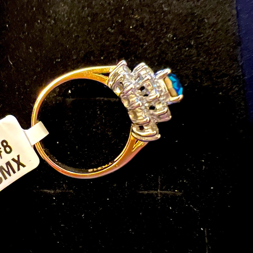 Blue topaz And CZ cluster ring gold  NEW IN BOX